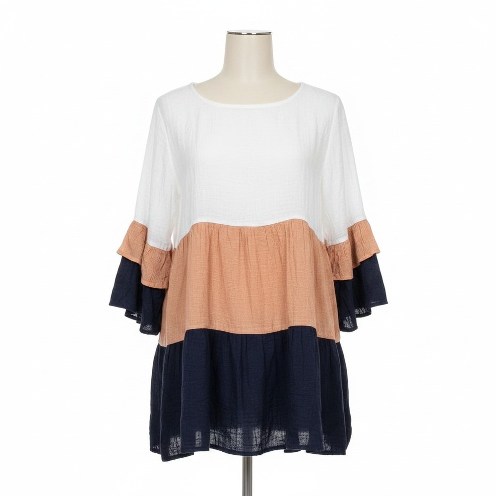 Boho Colorblock Tiered Ruffle Tunic Top White Peach Navy Blue Crinkle Gauze L